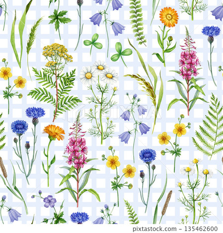 Meadow wildflowers seamless pattern element vintage style watercolor illustration. Hand drawn chamomile, cornflower, bluebell, fireweed, fern blooming summer flowers decor on checkered background. Meadow wildflowers seamless pattern element vintage style watercolor illustration. Hand drawn chamomile, cornflower, bluebell, fireweed, fern blooming summer flowers decor on checkered background. 135462600