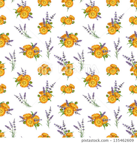 Calendula and lavender flowers seamless pattern decor element watercolor illustration. Hand drawn fresh calendula garden flowers mixed with lavender stems floral bright element on white background 135462609