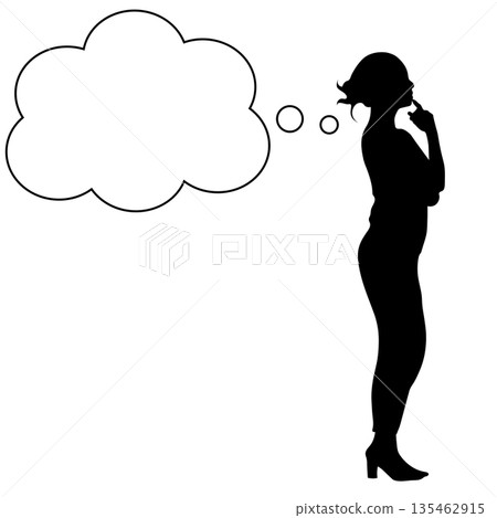 Silhouette illustration of a thinking woman and a cloud-shaped speech bubble Silhouette illustration of a thinking woman and a cloud-shaped speech bubble 135462915
