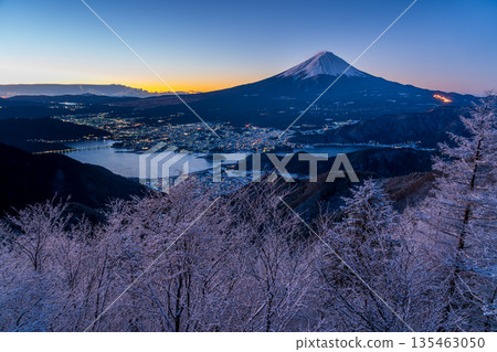 黎明時分,白雪皚皚的新道峠,樹木覆蓋著霜花,富士山巍峨聳立。 黎明時分,白雪皚皚的新道峠,樹木覆蓋著霜花,富士山巍峨聳立。 135463050