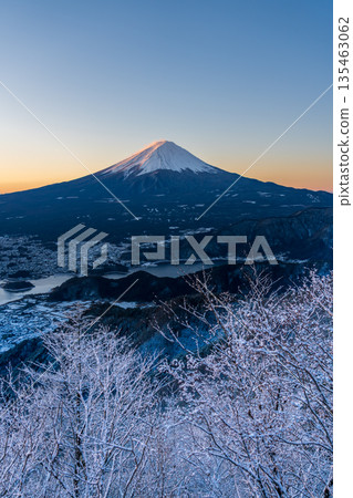 Snow-covered Shindo Pass with frost-covered trees and Mount Fuji at dawn Snow-covered Shindo Pass with frost-covered trees and Mount Fuji at dawn 135463062
