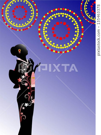 Woman in kimono, silhouette, fireworks 135463378
