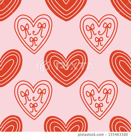 Vector seamless pattern with decorative hearts in a whimsical doodle style. Romantic pink and red design inspired by folk art, perfect for Valentines Day, wrapping paper, textiles, and branding 135463380