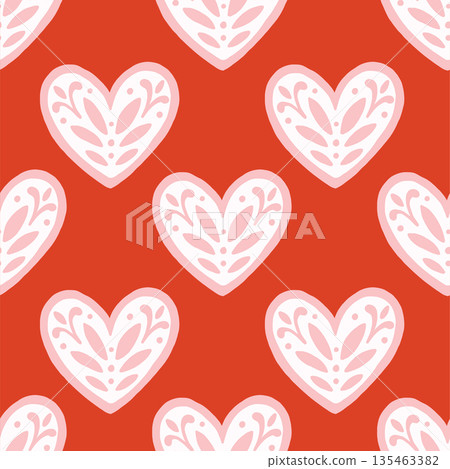 Vector seamless pattern with decorative hearts in a whimsical doodle style. Romantic pink and red design inspired by folk art, perfect for Valentines Day, wrapping paper, textiles, and branding Vector seamless pattern with decorative hearts in a whimsical doodle style. Romantic pink and red design inspired by folk art, perfect for Valentines Day, wrapping paper, textiles, and branding 135463382