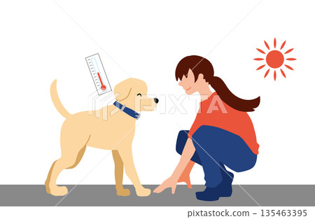 手繪狗插圖：主人正在檢查瀝青路面的溫度 135463395