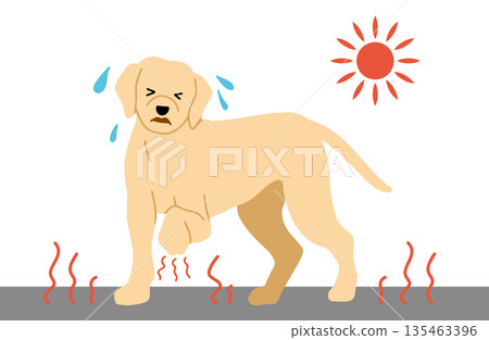 手繪狗插圖 - 被滾燙的瀝青灼傷 135463396