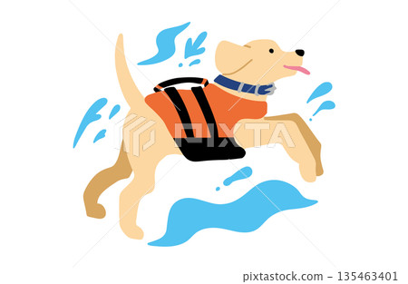 Hand-drawn illustration of a dog playing in the water wearing a life jacket 135463401