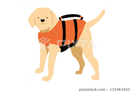 Dog hand-drawn illustration dog wearing a life jacket 135463403
