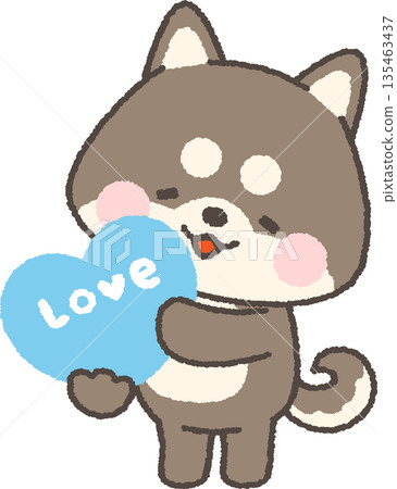 一隻黑色柴犬抱著一顆心，上面寫著「愛」字。 135463437