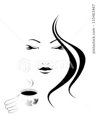 女人的臉，咖啡杯，咖啡館 135463467