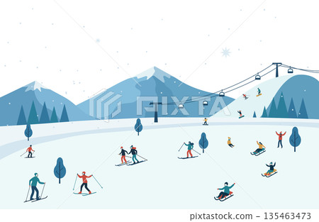 Background illustration of a ski resort with gondolas 135463473