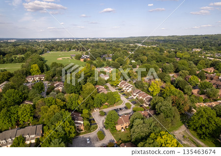 A view of a residential neighborhood with houses and trees. Chesterbrook, USA 135463674