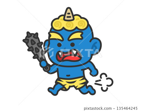 一幅藍色惡魔(線描彩色)手持金屬棒奔跑的插圖 一幅藍色惡魔(線描彩色)手持金屬棒奔跑的插圖 135464245