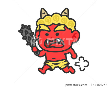 一幅紅色惡魔(線描彩色)手持金屬棒奔跑的插圖 一幅紅色惡魔(線描彩色)手持金屬棒奔跑的插圖 135464246