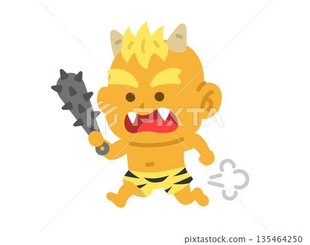 一幅黃色惡魔手持金屬棒奔跑的插圖 一幅黃色惡魔手持金屬棒奔跑的插圖 135464250