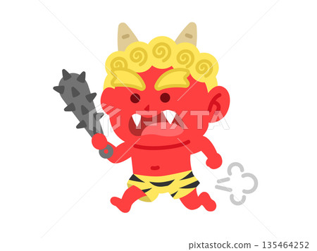 一幅紅色惡魔手持金屬棒奔跑的插圖 135464252