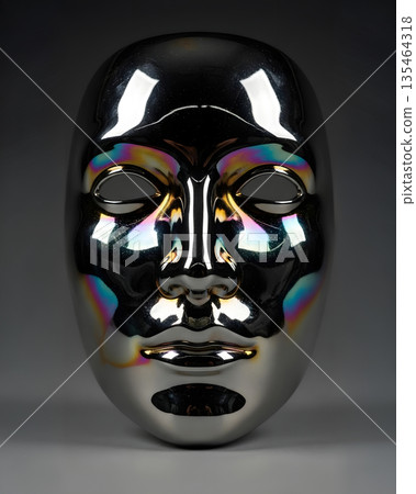 Chromed Metallic Sculpted Face with Iridescent Color Shifts under Soft Studio Lighting 135464318