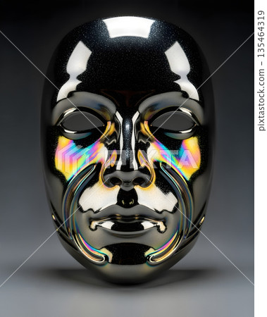 Chromed Metallic Sculpted Face with Iridescent Color Shifts under Soft Studio Lighting 135464319