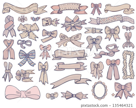 可愛的粉彩色絲帶插畫素材，設計簡潔，可用作裝飾或點綴。 135464321