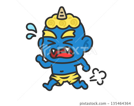 奔跑中的藍色惡魔插圖（線條描彩色） 135464364