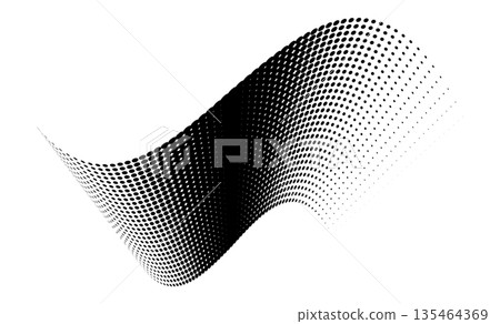 Abstract monochrome halftone dot gradient forming a fluid curved wave shape on white Abstract monochrome halftone dot gradient forming a fluid curved wave shape on white 135464369