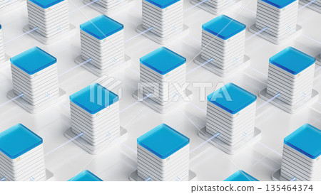 Networked server stacks with branded modules and glowing data lines 135464374