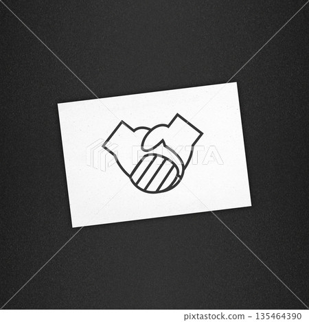 Minimalist handshake line icon on white card against a black textured background, symbolizing business partnership, agreement, trust, and professional cooperation Minimalist handshake line icon on white card against a black textured background, symbolizing business partnership, agreement, trust, and professional cooperation 135464390