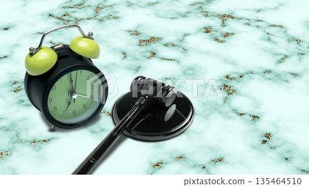 A composition showing a black alarm clock and a judge's gavel on a teal marble background, symbolizing legal deadlines, courtroom proceedings, or auction time 135464510