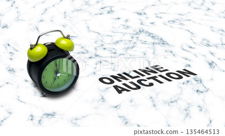 Minimalist image featuring a lime green alarm clock and the words ONLINE AUCTION on a white marble background, symbolizing time pressure in digital bidding Minimalist image featuring a lime green alarm clock and the words ONLINE AUCTION on a white marble background, symbolizing time pressure in digital bidding 135464513