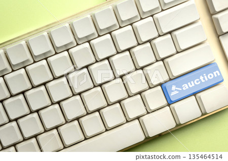 A white computer keyboard featuring a prominent blue 'auction' key with a gavel icon, symbolizing online bidding, digital sales, and internet-based commercial transactions 135464514