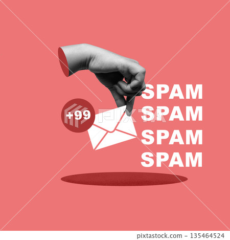 A creative digital collage art showing a hand picking up an envelope icon with a notification and repeated spam text, representing junk mail and digital inbox overload 135464524