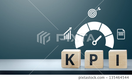 KPI wooden blocks with icons for target, growth, evaluation, and performance measurement. Key Performance Indicator concept for business success and strategic management 135464544