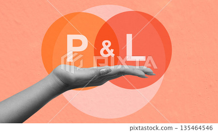 A creative conceptual illustration featuring a monochrome hand holding a graphic representing Profit and Loss (P and L) on a textured background, perfect for finance and accounting topics 135464546