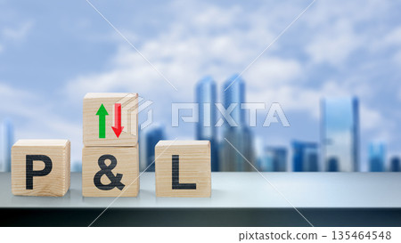 Conceptual image of profit and loss (P and L) using wooden blocks with letters and up/down arrows against a blurred cityscape. Ideal for business and financial presentations 135464548