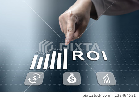Digital interface featuring ROI metrics, a growth graph, and financial icons touched by a businessman, representing successful investment strategy and profit analysis Digital interface featuring ROI metrics, a growth graph, and financial icons touched by a businessman, representing successful investment strategy and profit analysis 135464551