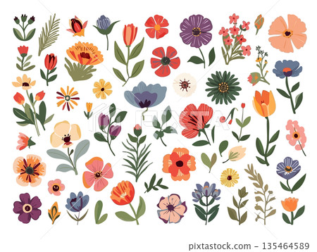 可愛的手繪花卉插畫,柔和色調的粉彩花朵 可愛的手繪花卉插畫,柔和色調的粉彩花朵 135464589