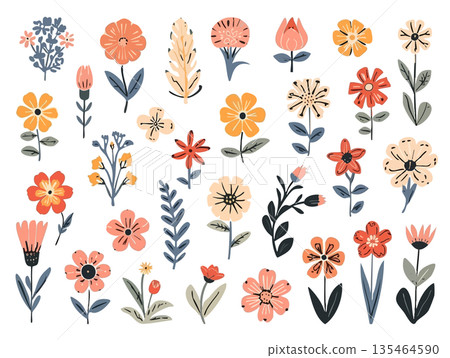 可愛的手繪花卉插畫,柔和色調的粉彩花朵 可愛的手繪花卉插畫,柔和色調的粉彩花朵 135464590