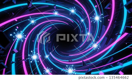 glowing particles spiral into abstract tech tunnel, blue and pink light trails with data burst, futuristic cyber swirl, 4K 135464662