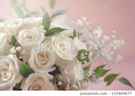 wedding bouquet white roses on soft pink background 135464677