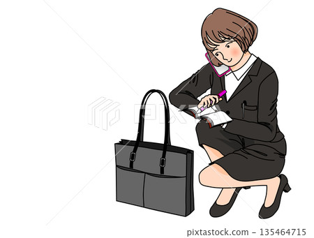 Illustration of a female office worker businesswoman sitting with a smartphone on her shoulder and taking notes, full body front Illustration of a female office worker businesswoman sitting with a smartphone on her shoulder and taking notes, full body front 135464715