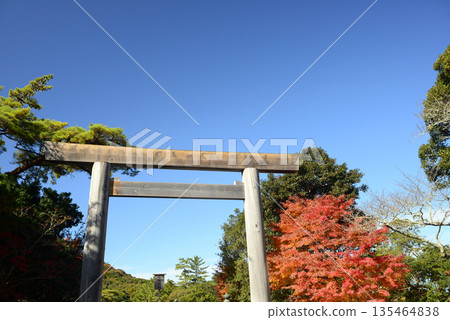 Torii gate and autumn leaves at the foot of Uji Bridge, Inner Shrine of Ise Jingu-5 Torii gate and autumn leaves at the foot of Uji Bridge, Inner Shrine of Ise Jingu-5 135464838