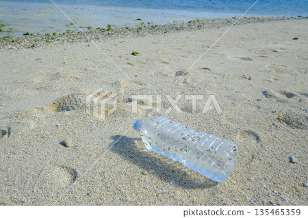 一個裝有貝殼的塑膠瓶被沖上了海灘。 一個裝有貝殼的塑膠瓶被沖上了海灘。 135465359
