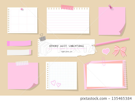Pink sticky note and memo design material set (cute stationery) Pink sticky note and memo design material set (cute stationery) 135465384