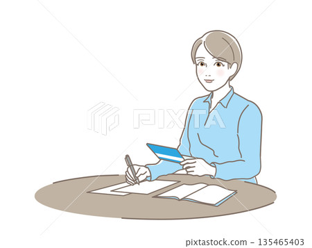 女性記帳、銀行帳簿、儲蓄、資產管理、商業、人生規劃、向量圖 135465403