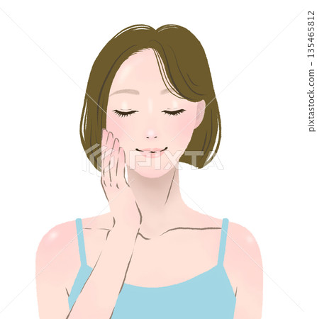 一幅美麗的插畫，描繪了一位雙手托腮、雙眼緊閉的女子。 135465812