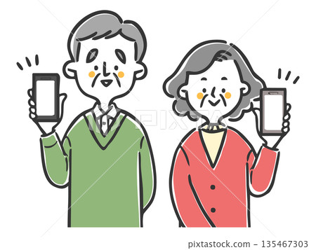 Senior couple holding a smartphone, upper body, vector 135467303