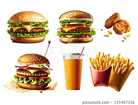 漢堡、雞塊、薯條和柳橙汁插圖集 135467356