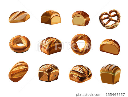 美味麵包、椒鹽捲餅和切片麵包插圖集 135467357