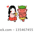 Setsubun and Valentine's Day hand-drawn illustration, cute Okame and embarrassed Oni 135467455