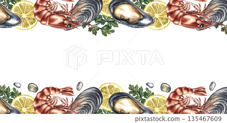 Border frame with shrimp, lemon, mussels, and herbs. Hand-drawn watercolor illustration. Colorful image of a seafood dish. Perfect for menu design, recipe books, packaging, labels, and more. Border frame with shrimp, lemon, mussels, and herbs. Hand-drawn watercolor illustration. Colorful image of a seafood dish. Perfect for menu design, recipe books, packaging, labels, and more. 135467609